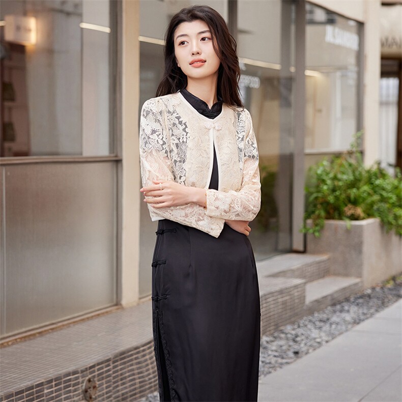 旗袍外搭小披肩长袖蕾丝镂空开衫薄款外套春秋夏季配吊带裙子外搭,女装短外套,婵米儿