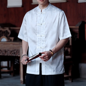 现货中式男士竹叶醋酸提花短袖衬衫T恤CS9898-P65控89图片