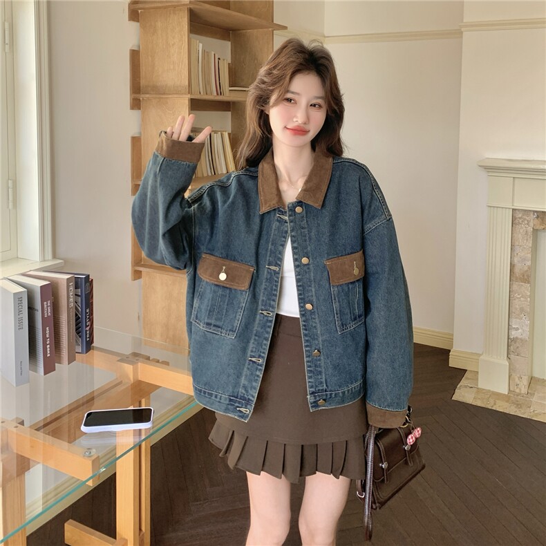春装新款牛仔拼接PU皮短款外套2C153-8938-P155K248,女装短外套,2C153