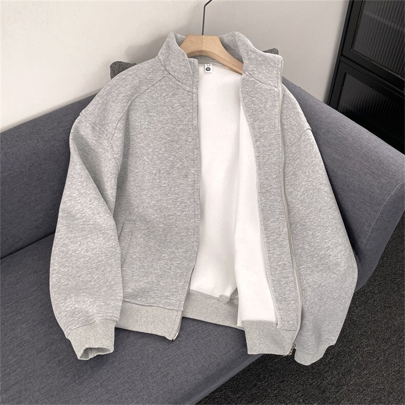 HY0735-P65华棉复合450克纯色开衫卫衣男女宽松休闲立领短外套,女装短外套,电商C233
