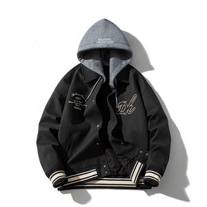 现货 三色字母PU皮棒球服外套秋冬棉服带帽可拆卸图片