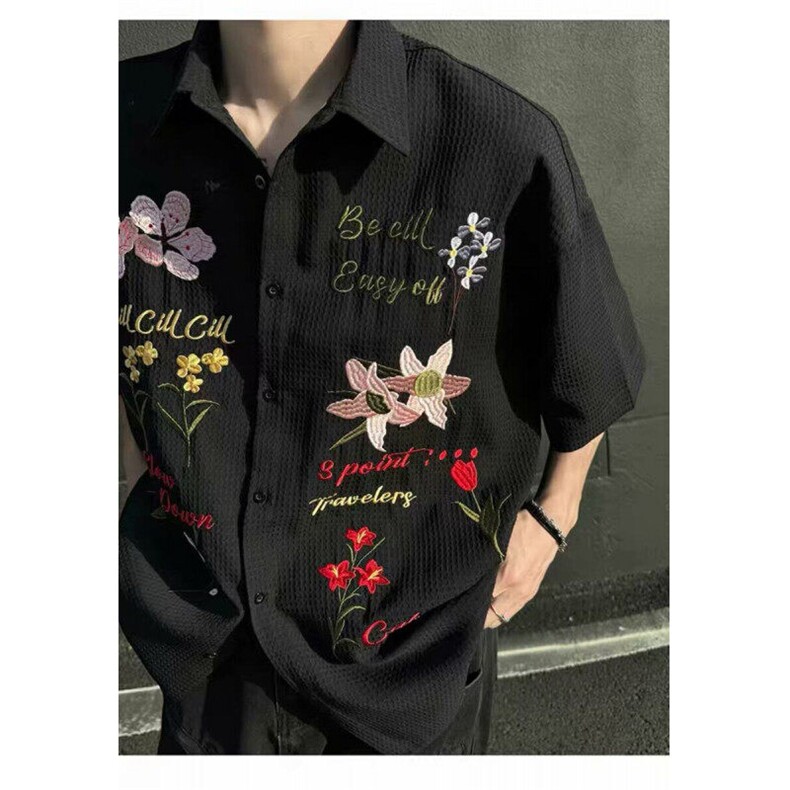 2025美式重磅彩色花卉刺绣短袖衬衫男女夏季街头痞帅宽松休闲衬衣图片