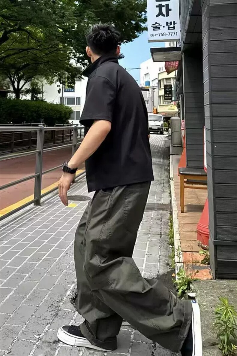 网图慎用美式纯棉褶皱拼接大码中性弯刀工装裤男K24042特P45控88,男装工装外套,电商A001