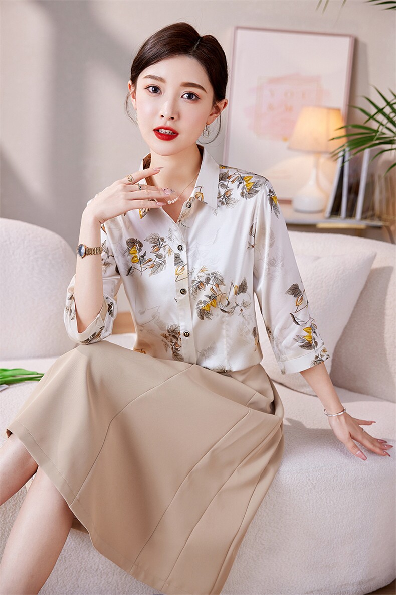 2023年春夏季简约时尚印花专柜精品真丝衬衣,女装衬衫,媚琳依坊