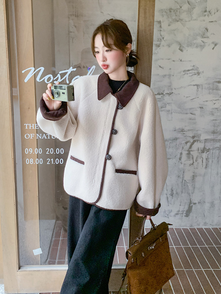 小个子皮毛一体外套女2024冬羊羔毛撞色翻领拼接洋气加厚短款棉服,女装羊羔毛/颗粒绒,浙宝192（原082）