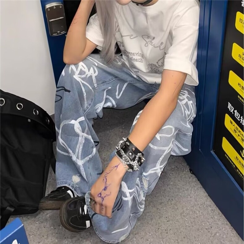 NK6637-P53夏季潮流美式街头风个性手绘涂鸦趣味直筒宽松阔腿,男装休闲裤,电商B323A