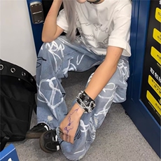 NK6637-P53夏季潮流美式街头风个性手绘涂鸦趣味直筒宽松阔腿，男装休闲裤，电商B323A