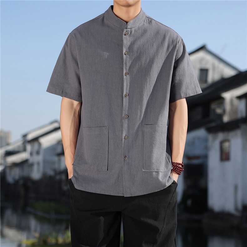 2026夏季新款风盘扣纯色休闲宽松大码苎麻T恤CS2606，男装T恤，电商A008