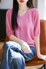 2025年夏季POLO领时尚潮流钉珠小花短袖，女装T恤，暖烁羊绒