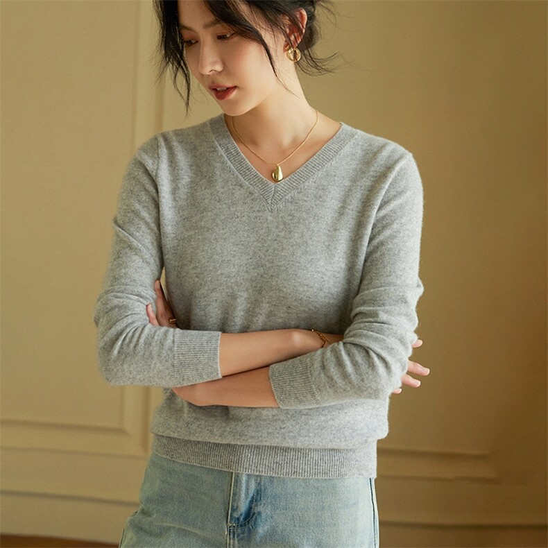 V领羊绒衫女秋冬季百搭纯色低领打底时尚百搭山羊绒衫,女装羊绒衫,绒美人羊绒