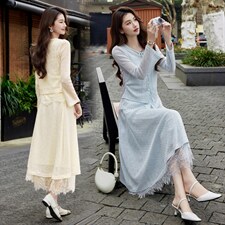 现货2026年春季新款女时尚气质优雅风通用蕾丝拼接两件套装连衣裙，女装套装/套裙，奋斗女王