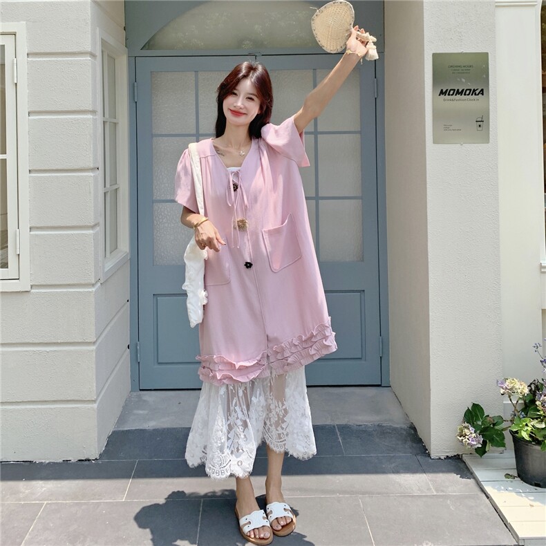 法式系带衬衫叠穿蕾丝吊带裙套装女2025夏季新款甜美超好看两件套,女装套装/套裙,2C113