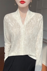 V领莱赛尔天丝针织长袖毛衣女2025新款提花高级感宽松打底衫上衣，女装针织衫/毛衣，昭美羊绒