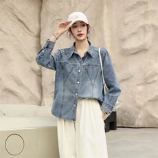2025春秋新款韩版修身短款百搭牛仔外套女长袖小个子衬衫夹克上衣，女装牛仔外套，莜菲儿