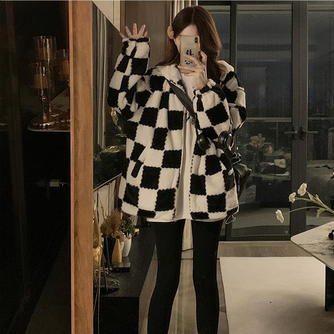 A199-P105棋盘格连帽羊羔毛绒外套秋冬夹棉加厚宽松棉衣棉服,男装棉衣,星座911