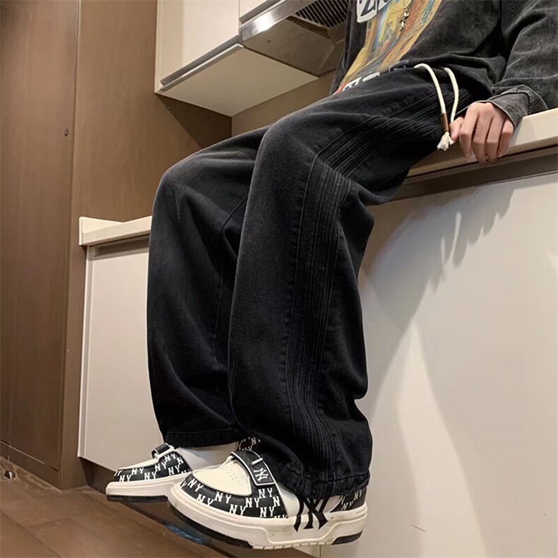 直筒牛仔裤男生美式潮牌水洗做旧侧条纹阔腿裤子春款复古工装裤,男装牛仔裤,星座410-7