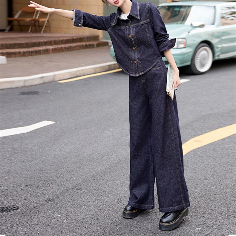 现货气质显瘦女装高级感24年新款秋季高端欧货牛仔喇叭腿裤两件套,女装套装/套裙,潮流依族