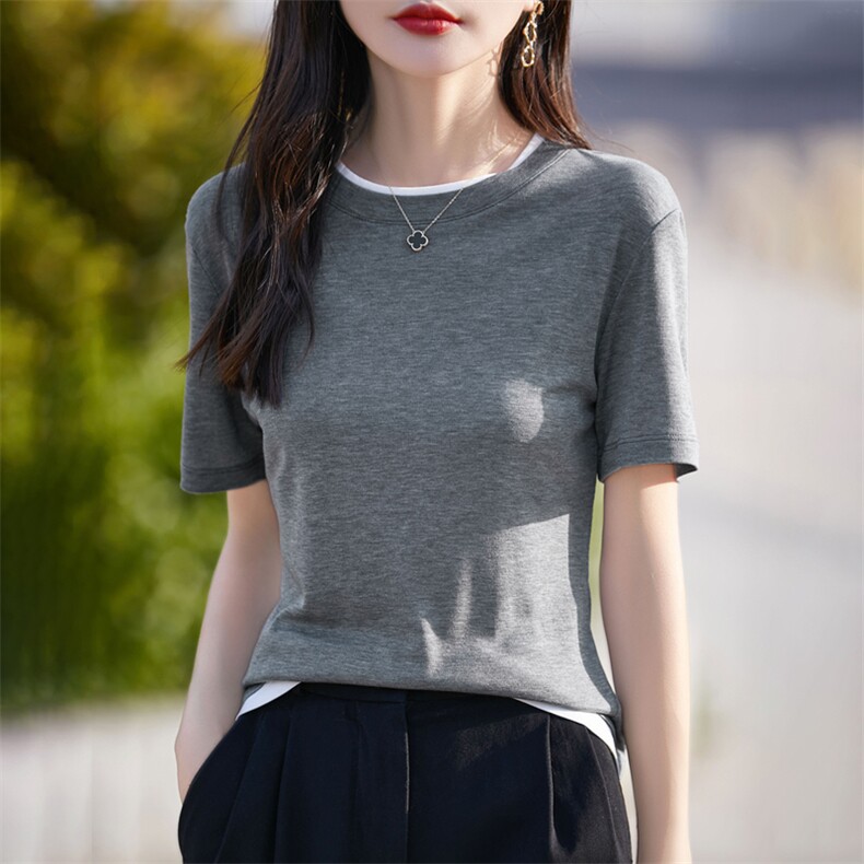 2025新款桑蚕丝天丝短袖透气舒适上衣圆领T恤女款夏装t恤,女装T恤,臻维羊绒