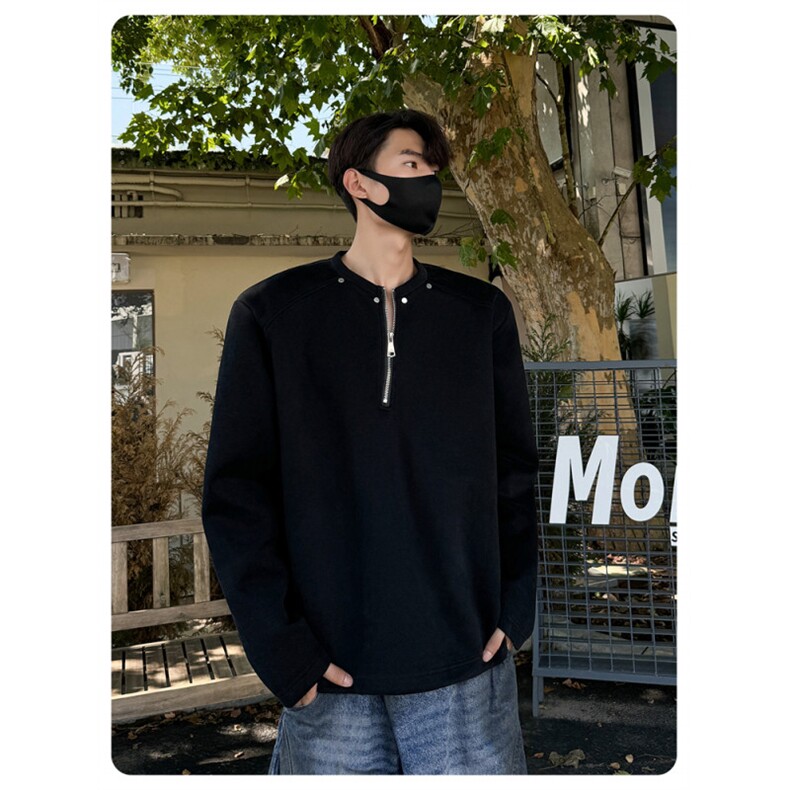 半拉链解构小众设计感花灰色垫肩卫衣男秋季cleanfit重磅长袖T恤,男装卫衣,星座506A