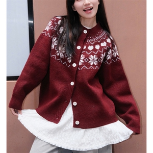 重磅秋冬装北极绒开衫毛衣美式复古休闲圣诞慵懒风提花针织衫外套图片