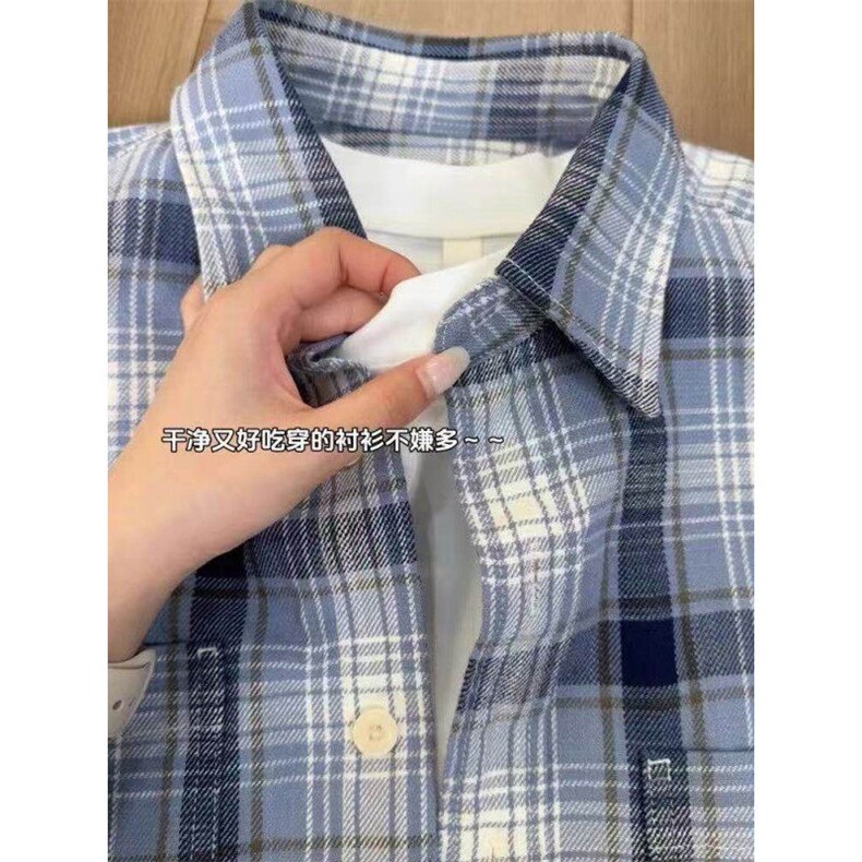 美式复古蓝色格子衬衫男款cleanfit慵懒风长袖衬衣情侣格纹外套,男装防晒衣,星座313A(原308A-2)
