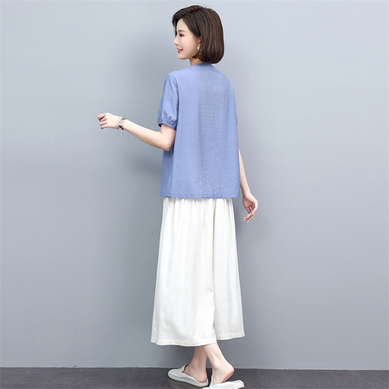 亚麻阔腿裤绣花套装女2022年新款夏季薄款中年妈妈两件套,女装套装/套裙,忆绮罗