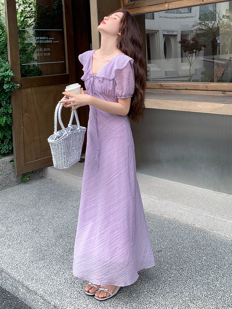 气质长款V领荷叶边温柔连衣裙女夏季2025文艺日系绝美高级感长裙,女装连衣裙,浙宝305