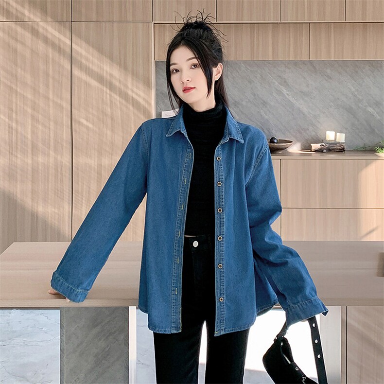 复古牛仔衬衫女宽松设计感小众上衣叠穿长袖衬衣外套潮NZ040-70,男装衬衫,星座911-3