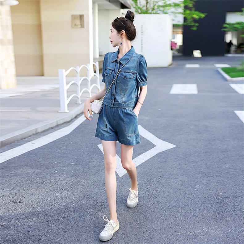 欧货减龄小个子薄款牛仔时尚套装潮2024夏新款女洋气休闲阔腿短裤,女装套装/套裙,E百度