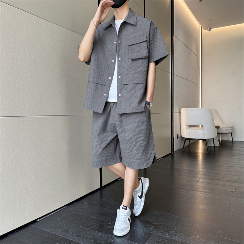 夏季套装男高品潮牌五分袖衬衫短裤大码两件套DSA157B-C73-P80图片