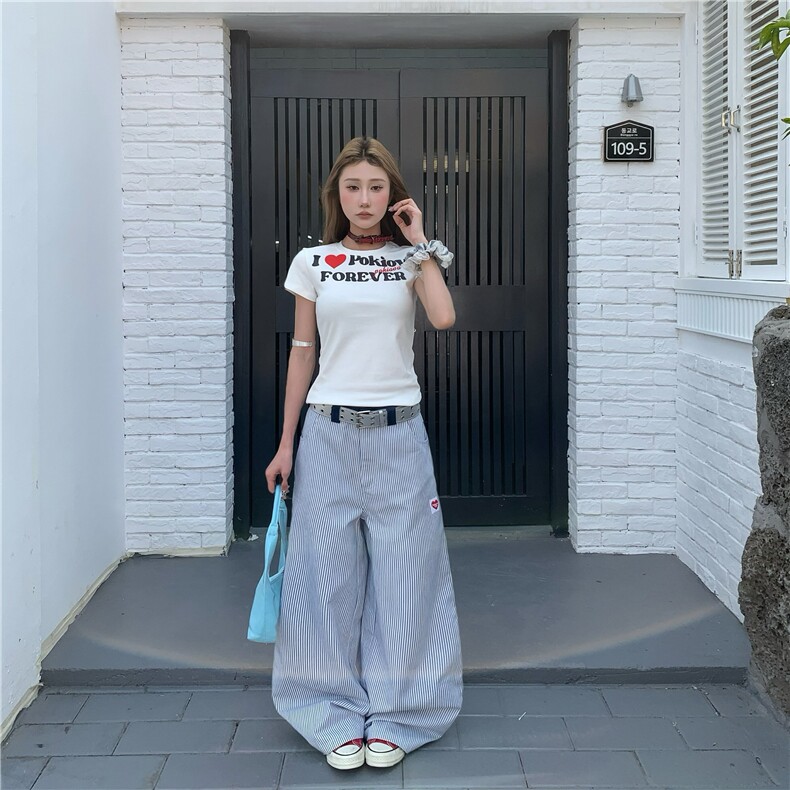 美式原创刺绣复古休闲竖条纹休闲裤男女直筒宽松长裤N1252,男装休闲裤,星座1116A（原606A-3）