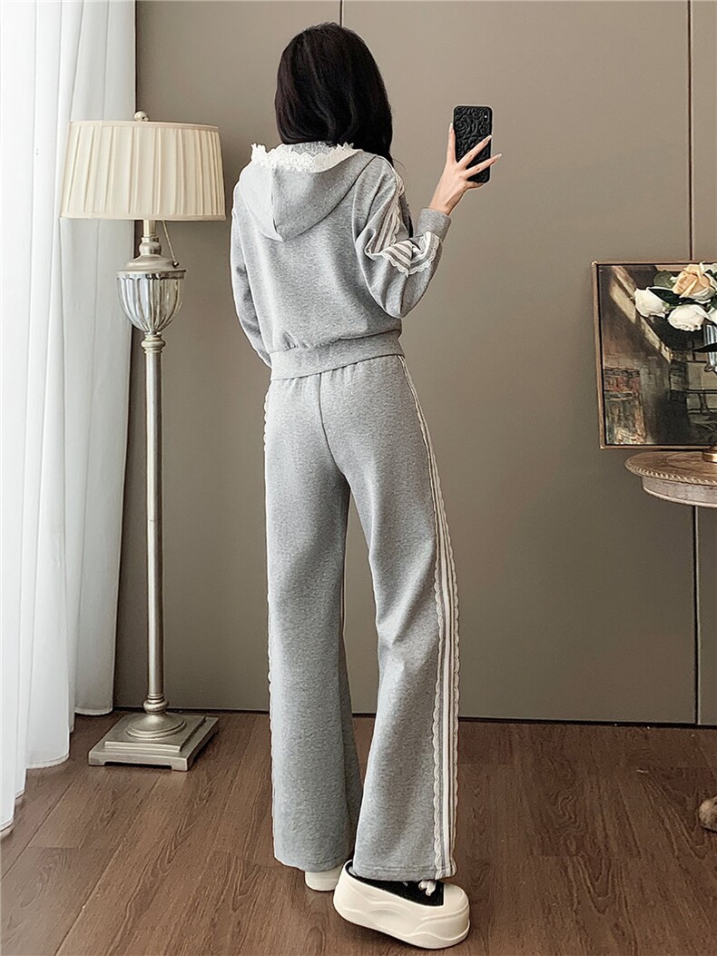 港风炸街休闲运动套装女秋洋气显瘦修身蕾丝连帽卫衣阔腿裤两件套,女装套装/套裙,江南