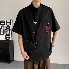 夏装中式风红色竹子刺绣立领衬衣结构口袋衬衣短袖男女大码外套，男装T恤，星座909