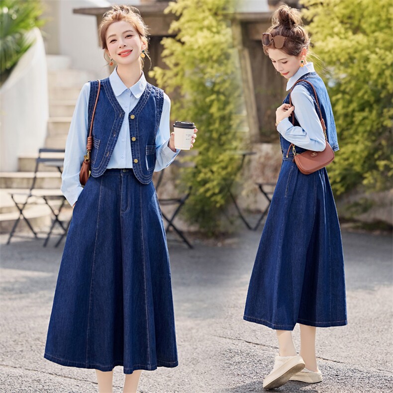港风复古牛仔套装裙女春季2025新款宽松爆款马甲衬衫半身裙三件套，女装套装/套裙，意芙