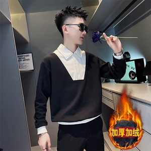 SW34R秋冬社会小伙加绒加厚卫衣翻领撞色休闲上衣黑1图片