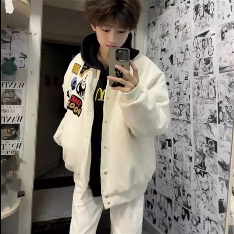 网红同款美式街头徽章字母刺绣棒球服外套男女宽松加厚高街夹克,男装夹克,四季星座505