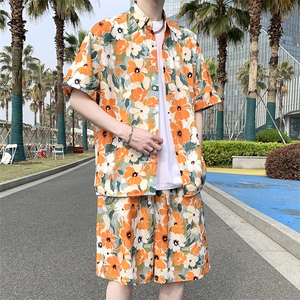 夏日大码套装宽松花衬衫男短袖痞帅休闲上衣两件套衣35裤23/P58图片