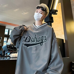 秋季ins美式V领运动休闲情侣套头刺绣球服卫衣男长袖上衣W117/P40图片
