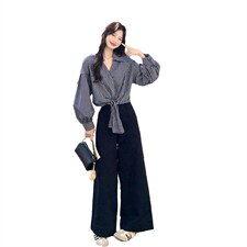 春款现货韩式不规则格子衬衫阔腿裤套装2109P175K288，女装套装/套裙，2C219
