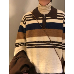 潮牌条纹翻领毛衣男女生半拉链polo领秋冬情侣针织衫上衣MYR309图片