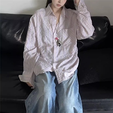 春季韩风休闲肌理感清爽不规则蓝条纹衬衫男长袖设计感垂感衬衣潮，男装衬衫，星座506A