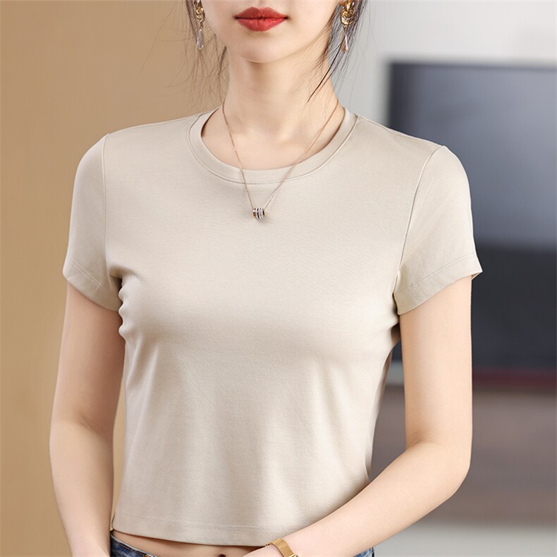 2025年夏季丝光棉短袖t恤女士修身显瘦短款露脐纯棉背心上衣半袖，女装T恤，元素羊绒