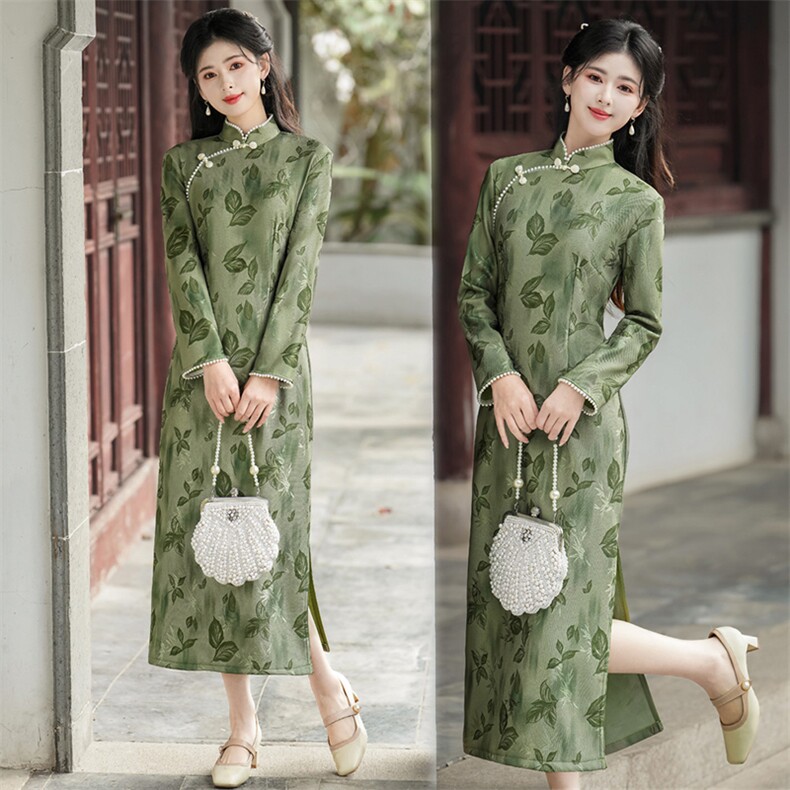 新中式风立领钉珠网纱提花加绒旗袍2649P150,女装汉服/婚纱/旗袍/礼服,乐衣轩