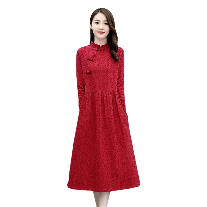 纯棉红色改良旗袍连衣裙女2026春新款显瘦气质高端别致裙子,女装连衣裙,倪叶myz