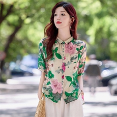 时尚翻领天丝棉麻短袖衬衫女2025夏新款宽松显瘦洋气印花衬衣小衫，女装衬衫，涵墨