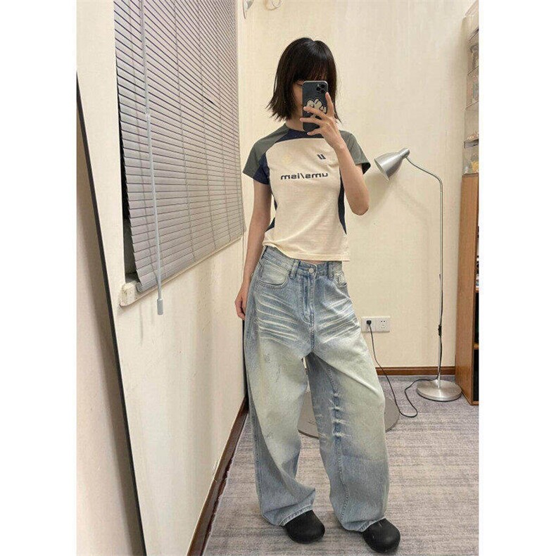 有货美式浅蓝色牛仔裤女秋冬新款宽松bf慵懒风阔腿裤GL8888-P55,男装牛仔裤,星座1008