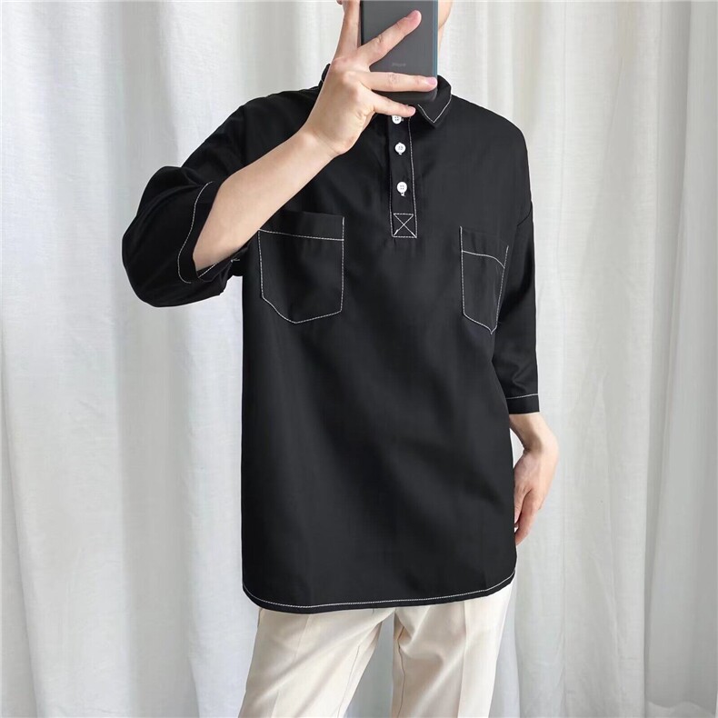 港风高街翻领短袖polo衫男ins夏季宽松文艺范T恤C188/P30,男装Polo衫,星座506