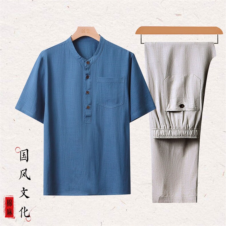 主推！棉麻套装2024新款夏季风亚麻短袖T恤休闲长裤套装,男装T恤,钱塘6003（原4033）