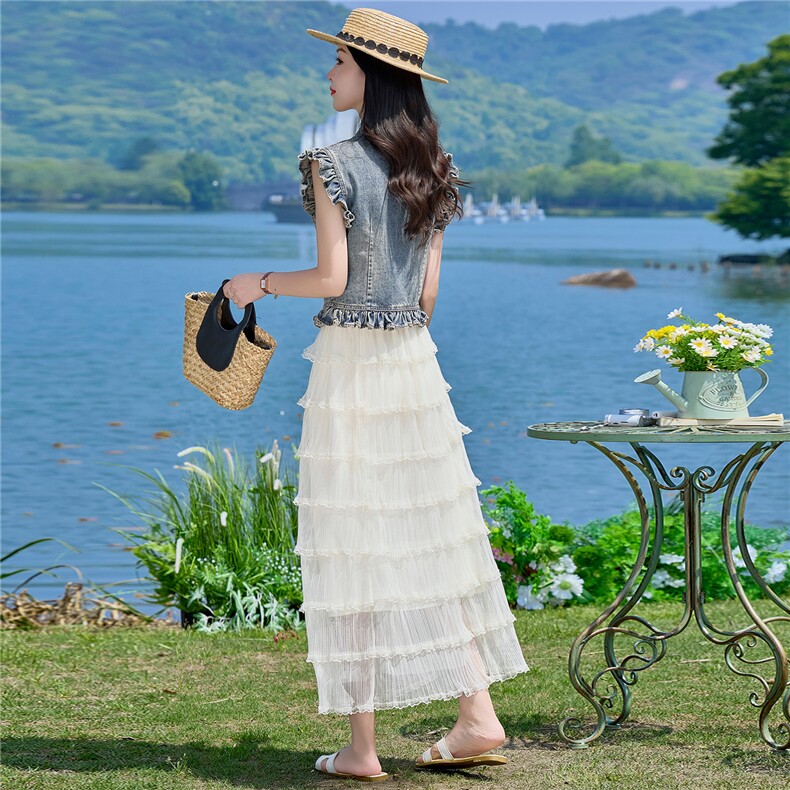 （新款现货）2026夏装时尚薄牛仔小飞袖上衣+蛋糕超仙纱裙两件套,女装套装/套裙,印象茜