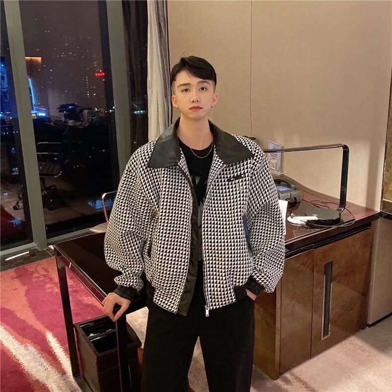 春秋季网红千鸟格短款夹克男士宽松韩版休闲外套高级感百搭上衣,男装夹克,四季星座505